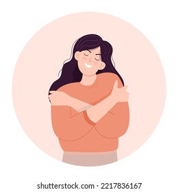 Woman hugging herself. Love yourself. Love your body concept. Girl Healthcare Skincare. Take time for yourself. Vector illustration.