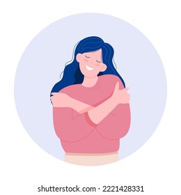 Woman hugging herself. Love yourself. Love your body concept. Girl Healthcare Skincare. Take time for yourself. Vector illustration.