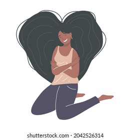 woman hugging herself on white background