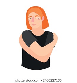 Woman hugging herself on white background