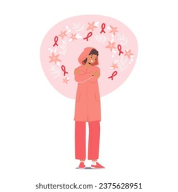 Woman Hugging Herself with Pink Ribbons around. Female Character Promotes Breast Cancer Awareness, Empowering Others Through Education, Support, And Early Detection. Cartoon People Vector Illustration