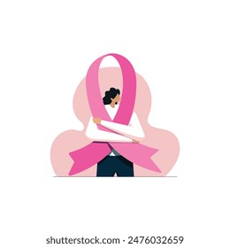 Woman Hugging Herself with Pink Ribbons, Female Character Promotes Breast Cancer Awareness and support