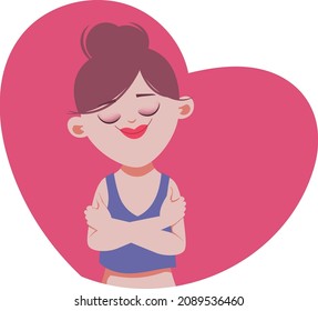 Woman hugging herself and positive thinking character.