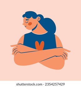 Woman hugging herself. Take care of yourself. Selfcare, body positive, love yourself concept. Cute young girl with crossed arms in flat simple modern style. Vector clip art for sticker, card, banner.