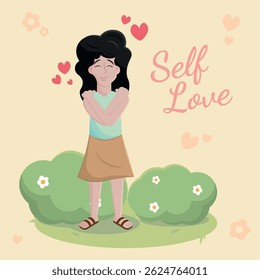 Woman hugging herself. Vector illustration