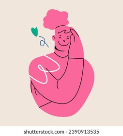 Woman hugging himself. Self-Hugging. Caring for yourself, loving yourself, supporting yourself. Colorful vector illustration

