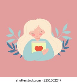 Woman hugging, holding a book. Vector illustration