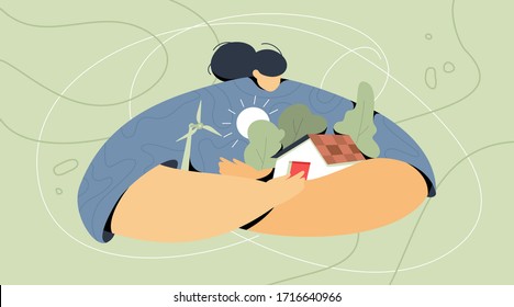 Woman hugging house, wind mill, solar panels, and trees. Environmental care vector design. Sustainable living and renewable energy sources concept.