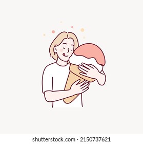 woman hugging a ice cream. Hand drawn style vector design illustrations.