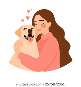 Woman Hugging Labrador Dog with Love and Hearts