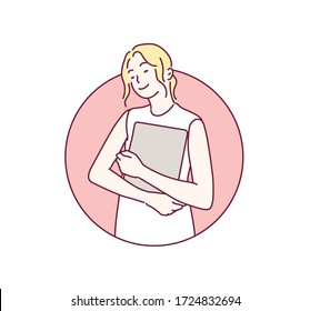 Woman hugging laptop.  Hand drawn style vector design illustrations.