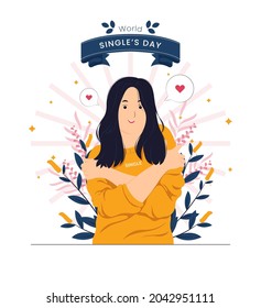 woman hugging and love herself, love yourself, high self esteem on singles day concept illustration