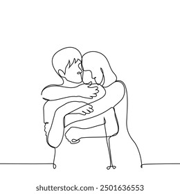 woman hugging man tenderly from behind - one line art vector. concept gentle touch couple, support, skinship. Handmade vector not AI