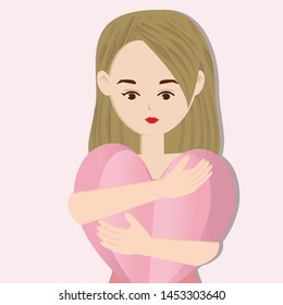 Woman hugging pink heart vector illustration cartoon character.
