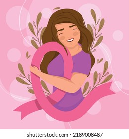 woman hugging pink ribbon breast cancer