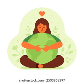 Woman hugging the planet with love. Flat vector illustration isolated on white background. Mother Earth, environmental protection and eco-friendly concept. Perfect for sustainability campaigns