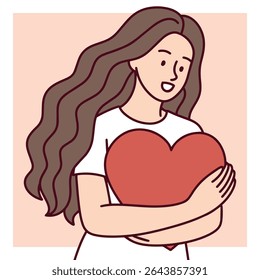 Woman hugging red heart with soft facial expression, symbolizing care, love, acceptance and emotional warmth