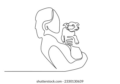 woman hugging small dog love affection line art