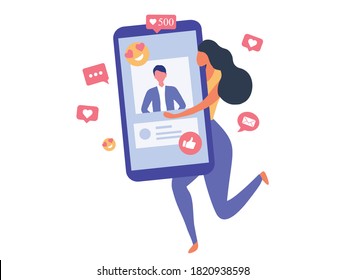 Woman hugging smartphone happily vector illustration. Social media addiction concept 