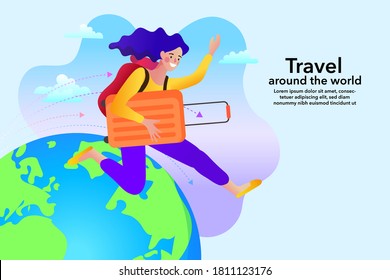 A woman hugging a suitcase Jump on the globe. Tourism and booking app concept. Vector.