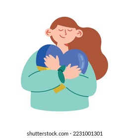 woman hugging Ukraine heart character
