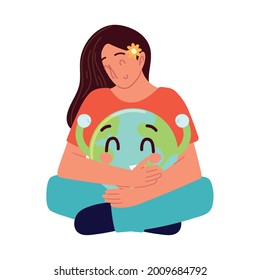 woman hugging world cartoon isolated