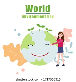 A woman hugging the world with a smile.World environment day.save energy,the concept of the Earth day.Women face the growth of trees to save the world.Vector illustration.