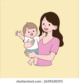 A woman huging a baby and waving and greeting her. minimal line illustration.
