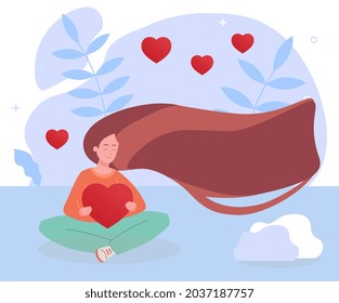 Frauen umarmt das große Herz. Metapher der Liebe, glücklich, träumt, süß, spannend. Valentinstag-Karten, nettes Geschenk. Grafisches Element für Website. Cartoon-FlachVektorgrafik einzeln auf weißem Hintergrund