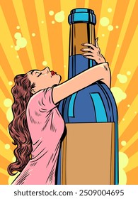 Uma mulher abraça uma garrafa de álcool. Ofertas exclusivas em um bar, bar ou restaurante. Banner para sua promoção relacionada ao vinho. Desenho animado pop art retro vetor ilustração desenho à mão