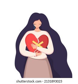 Woman hugs broken heart glued with plaster and cries. Concept of grief, hope and self care. Vector flat illustration