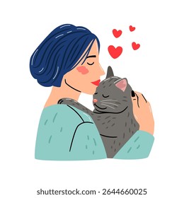 Woman hugs a cat. Illustration about the love of pet owners original artwork