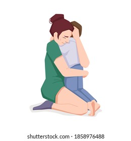 Woman hugs child isolated loving mother together with son or daughter. Vector happy childhood, mom embracing baby, affectionate woman, close family relationships, motherhood concept, tender moment