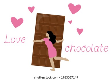 Woman hugs chocolate bar. Love chocolate lettering on white background. Vector poster illustration. 