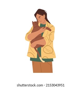 Woman hugs cute cat or kitty, vector clipart.