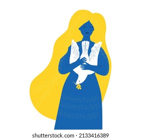 A woman hugs a dove, a symbol of Ukraine. Blue and yellow colors of flag of Ukraine. Vector illustration. Save Ukraine concept.