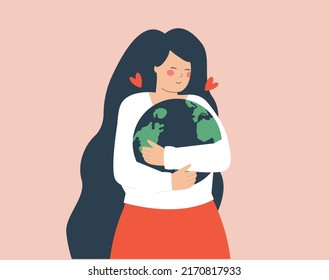 Woman hugs the earth between her arms with love and care. Young female embraces the green planet to protect it. concept of Earth day and environment conservation. Vector illustration