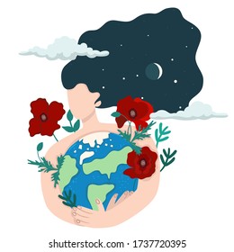 Woman hugs the earth. Isolate on a white background. Vector graphics.