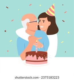 Woman hugs elderly father and congratulations with birthday Grown up daughter takes care of mother of retirement age.Surprise, anniversary concept. Vector Illustration