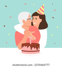 Woman hugs elderly mother and congratulations with birthday Grown up daughter takes care of mother of retirement age.Surprise, anniversary concept. Vector Illustration