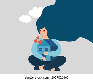 Woman hugs and embraces her home with care and love. Mother with long hair protects her house. Motherhood, children, positive parenting, stay home, housewife, family support Concept. Flat vector style