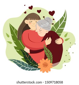 Woman hugs grandmother. Flowers and plants. Template for postcard.