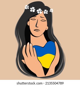 The woman hugs a heart with the colors of the flag of Ukraine. Stay with Ukraine concept. Support for Ukraine. No war. Ukraine in the heart. Support against fighting. Stock vector illustration.