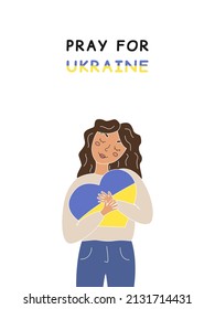 A woman hugs a heart painted in the colors of Ukraine. Flat vector illustration in doodle style.