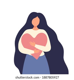 A woman hugs a heart, a symbol of self-love, body positive, female strength. A girl with long dark hair, a light blouse and a blue skirt. Vector flat illustration of one isolated person