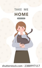 woman hugs her cat with love, the concept of the relationship between people and their pets, adopt, shelter. Woman holding dog. Cartoon vector illustration..