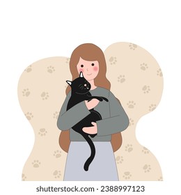 woman hugs her cat with love, the concept of the relationship between people and their pets, adopt, shelter. Woman holding dog. Cartoon vector illustration..