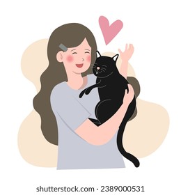woman hugs her cat with love, the concept of the relationship between people and their pets, adopt, shelter. Woman holding dog. Cartoon vector illustration..