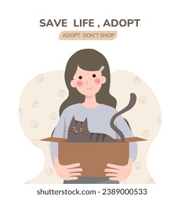 woman hugs her cat with love, the concept of the relationship between people and their pets, adopt, shelter. Woman holding dog. Cartoon vector illustration..