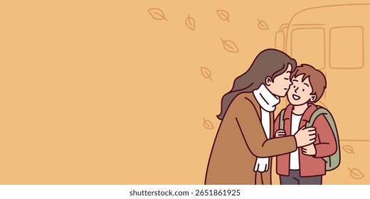 Woman hugs her child while adjusting scarf on autumn morning before school bus, sharing emotional goodbye, copy space, banner